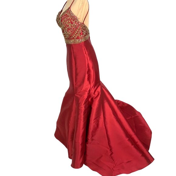 Elegant Beaded Red Satin Mermaid Larissa Gown Spaghetti Straps Flared Hem Size 6 - Picture 5 of 15